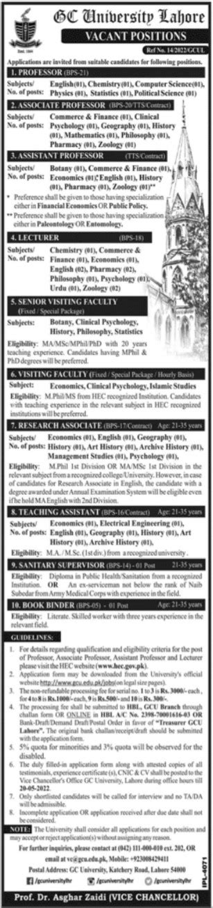 GC University Lahore Faculty Management Jobs 2022 2024 Job