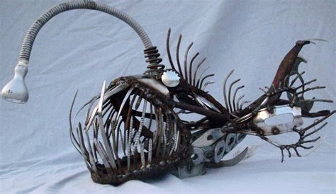 Scrap Metal Angler Fish Sculpture With Working Light