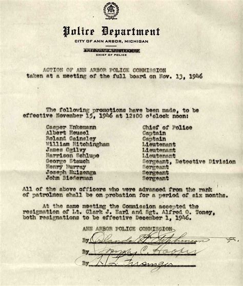 Ann Arbor Police Department Promotions List November 13 1946 Ann