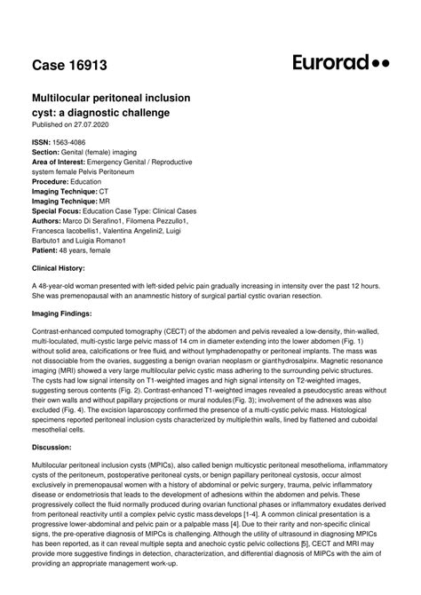 Pdf Multilocular Peritoneal Inclusion Cyst A Diagnostic Challenge