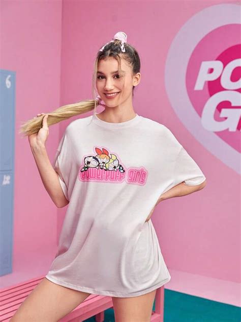 The Powerpuff Girls Romwe Cartoon Graphic Drop Shoulder Oversized Tee