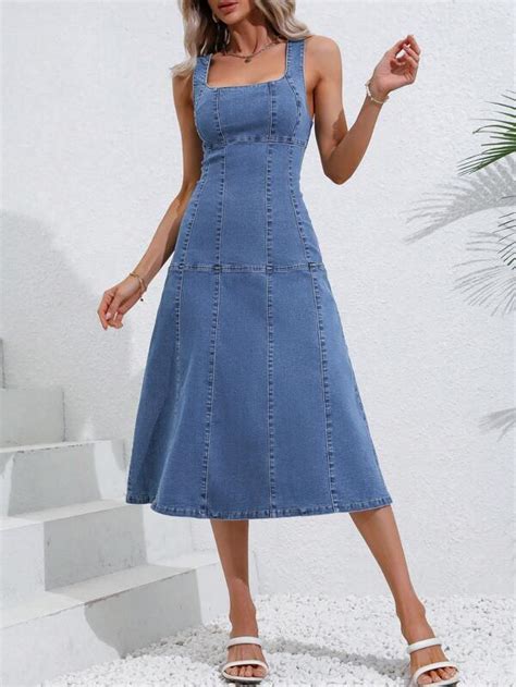 Shein Frenchy Square Neck Zip Back Denim Dress Shein Usa