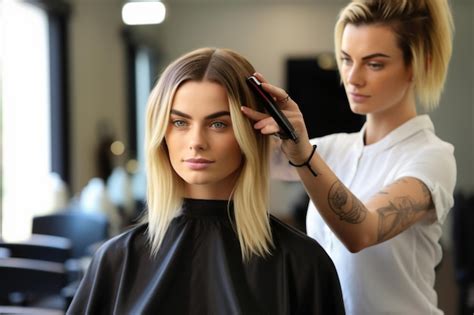 Premium Photo Blonde Woman Getting Her Hair Cut By Salon