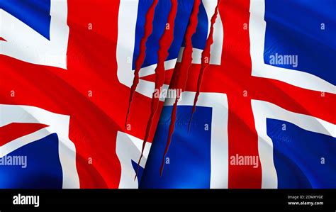 United Kingdom and Iceland flags with scar concept. Waving flag,3D ...