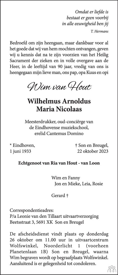 Wim Wilhelmus Arnoldus Maria Nicolaas Van Hout 22 10 2023