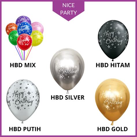 Jual BALON LATEX MOTIF HAPPY BIRTHDAY SATUAN HBD BLACK WHITE GOLD MIX