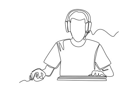 Single one line drawing happy boy wearing headset playing online video game on his computer. E ...