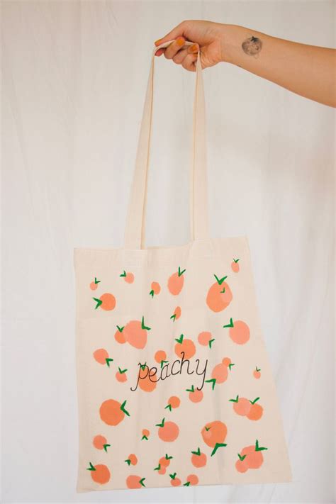 Hand Painted Peach Fruit Tote Bag Canvas Bag Long Handle Shopping