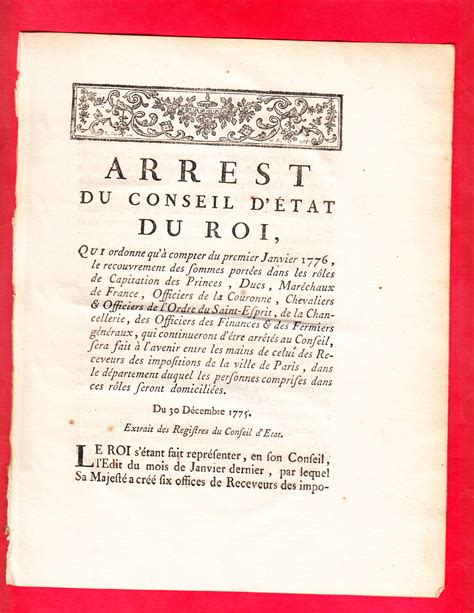 Arrest Du Conseil D Tat Du Roi Qui Ordonne Qu Compter Du Premier