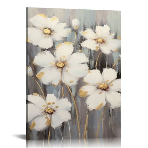 ONETECH White Flower Canvas Wall Art Gold Floral Picture For Living