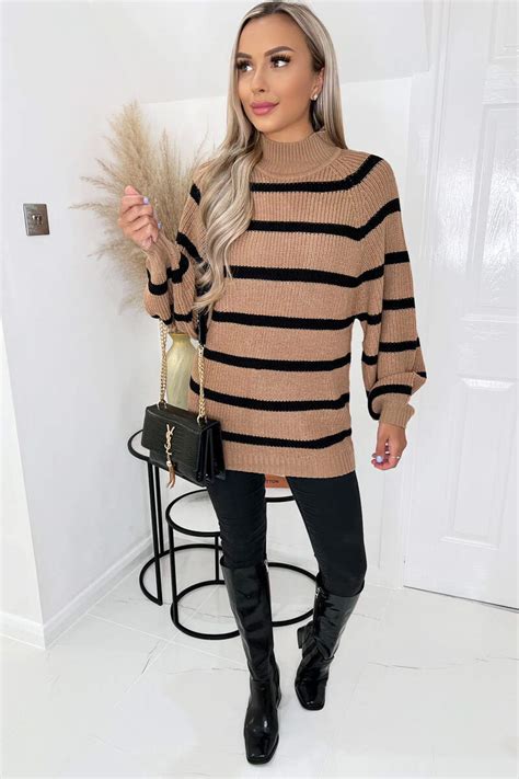 Camel And Black Striped Balloon Sleeve High Neck Knitted Jumper Ax