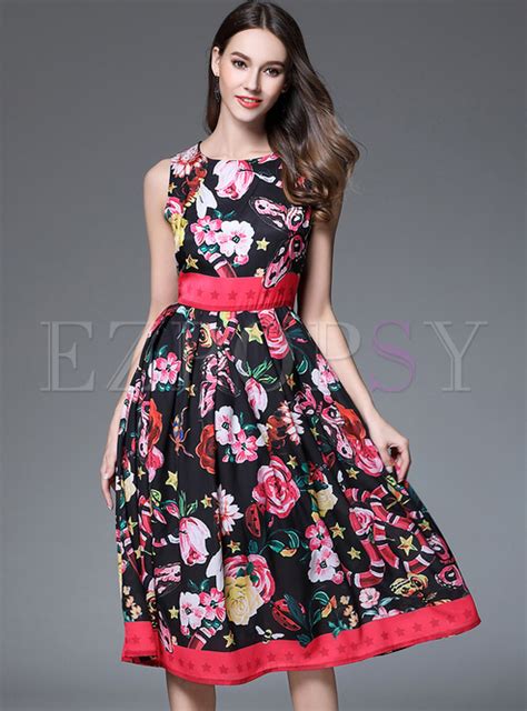 Dresses Skater Dresses Street Floral Print Sleeveless Skater Dress