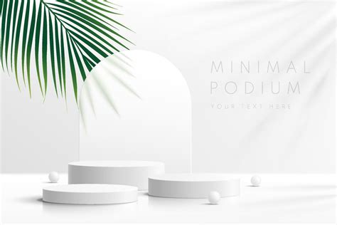 Realistic White D Cylinder Pedestal Podium Set With Green Palm Leaf