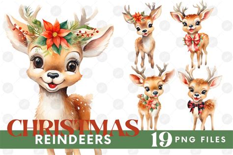 Watercolor Christmas Reindeer Clipart Bundle Santa PNG