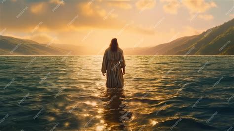 Premium Photo | Back view Jesus Christ walking on water on the sea ...