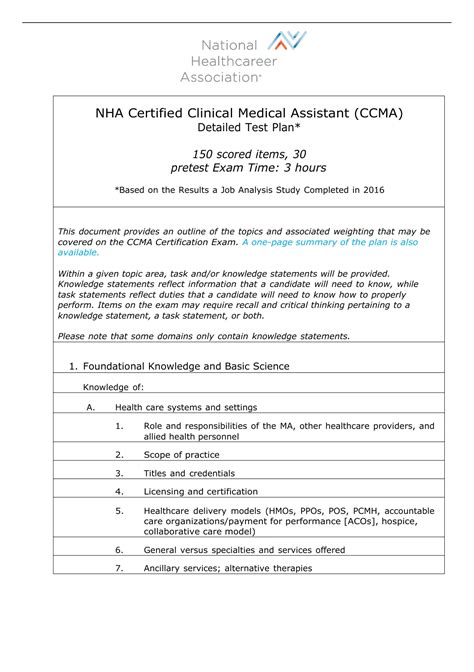 Nha Certified Clinical Medical Assistant Ccma Detailed Test Plan Nha Stuvia Nl