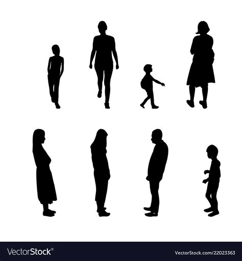 Set of black and white silhouette walking people Vector Image