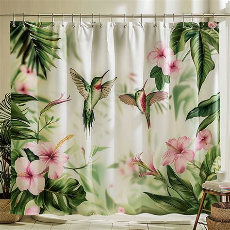 Exquisite Tropical Rainforest Shower Curtain With Hummingbirds And Pink