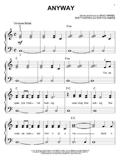 Anyway By Martina Mcbride Sheet Music For Big Note Piano At Sheet Music Direct