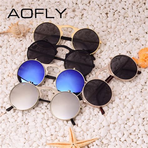 Aofly Kacamata Hitam Round Vintage Steampunk Sunglasses Black Black