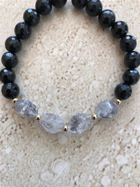 Herkimer Diamond Bracelet 8mm Round Faceted Black Onyx Beads Accented With Herkimer Diamond