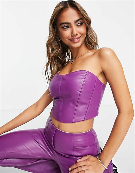 Miss Selfridge Faux Leather Corset Bandeau Top In Purple Asos