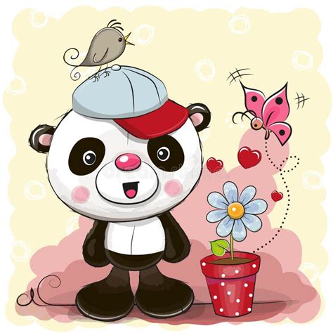 Panda Bonito Dos Desenhos Animados Flor Ilustração do Vetor