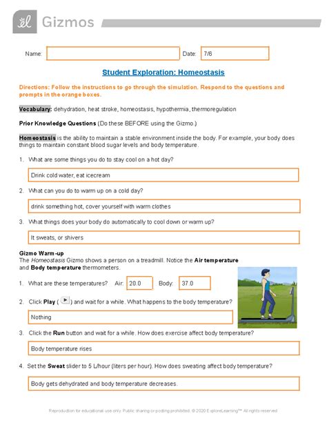 Copy Of Homeostasis Se Gizmos Lab Name Date 7 Student