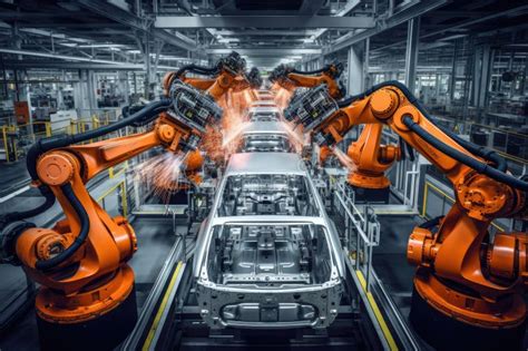 An Assembly Line With Robotic Arms Diligently Working On A Car Robotic