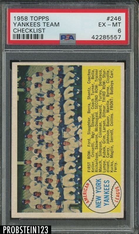 1958 Topps 246 New York Yankees Team Checklist Psa 6 Ex Mt Yankees Team New York Yankees