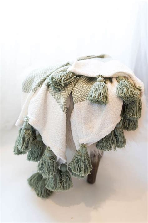 Woven Cotton Throw Blanket With Tassels Tassels Blanket Sage Etsy