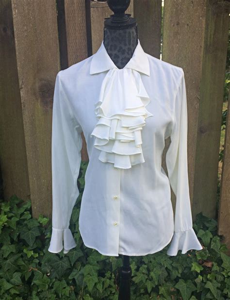 White Ruffle Front Blouse Ruffle Long Sleeve Blouse White Semi