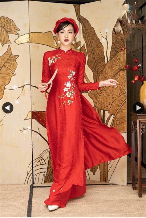 Vietnamese Bridal Ao Dai Red Brocade Embroidered Ao Dai Ao Dai Wedding Vietnamese