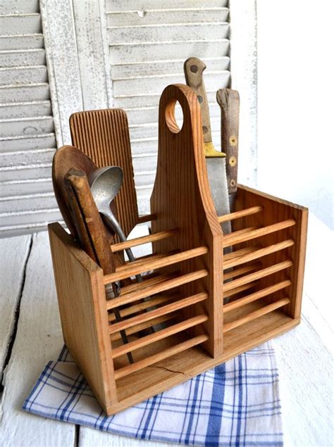 French Vintage Wooden Cutlery Holder Utensil Organiser Etsy Wooden