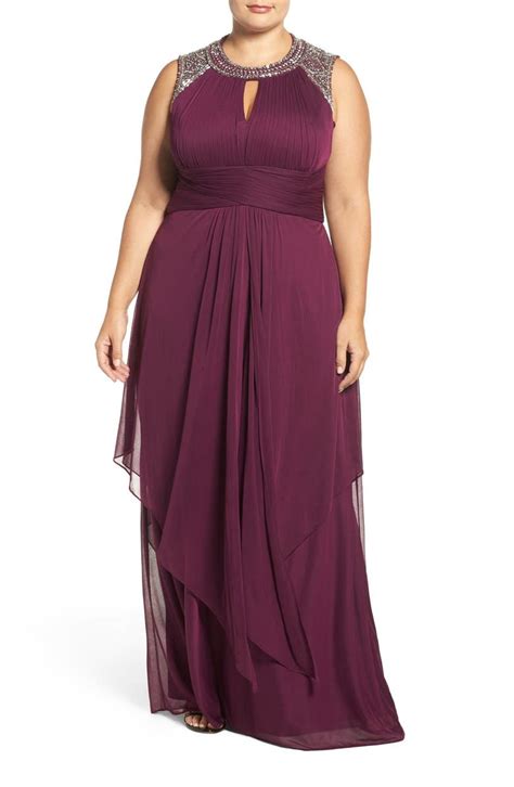 Alex Evenings Embellished Keyhole Bodice Ruched Chiffon Gown Plus Size