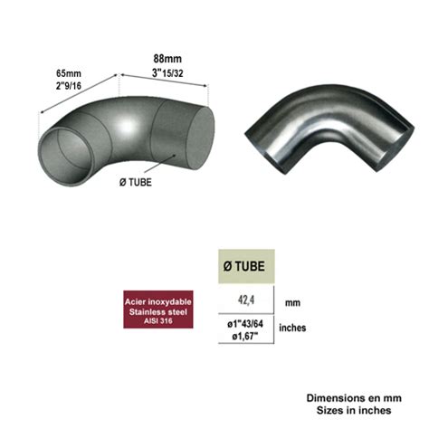 Finition coudée 90 Ø42 4mm INOX316 pour rampes en bois Finition INOX