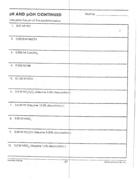 Acid And Base Worksheet Acid Base Equilibria Worksheet Chemistry