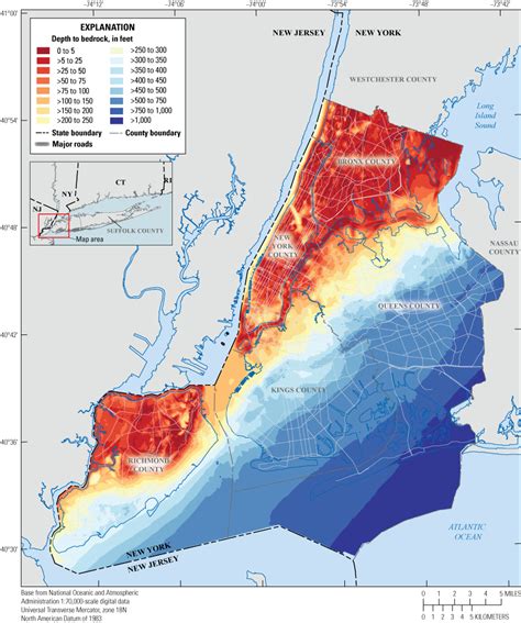 Bedrock Surface Elevation And Overburden Thickness Maps Of The Five Boroughs New York City New