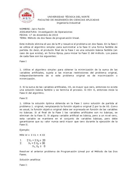 Metodo de Dos Fases | Descargar gratis PDF | Programación lineal ...