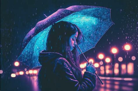 Mulher misteriosa guarda chuva na noite chuvosa ilustração de