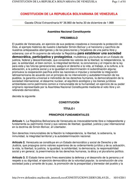 Constitucion Venezuela CONSTITUCION DE LA REPUBLICA BOLIVARIANA DE