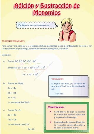 Ca P Adici N Y Sustracci N De Monomios Pdf