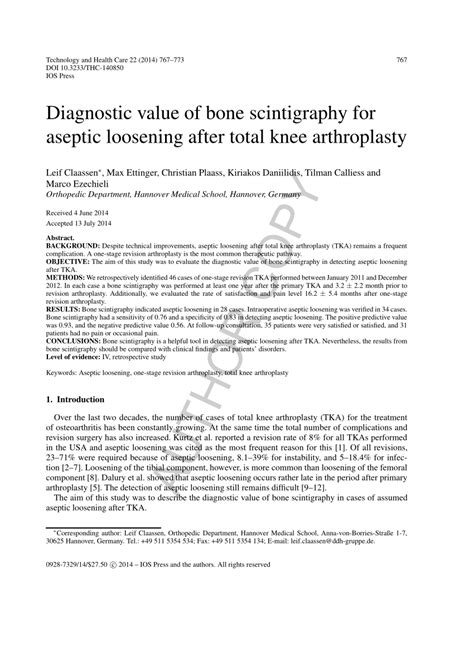 Pdf Diagnostic Value Of Bone Scintigraphy For Aseptic Loosening After Total Knee Arthroplasty