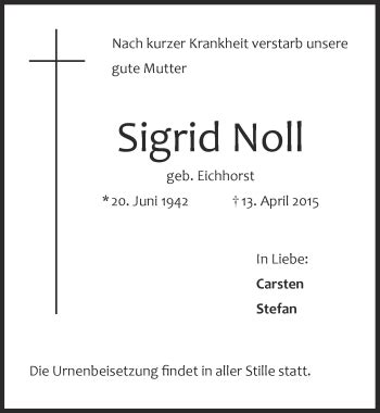 Traueranzeigen Von Sigrid Noll WirTrauern