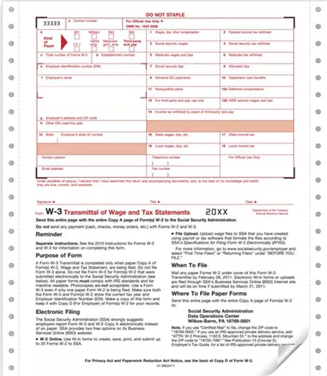 Irs Approved W 3 Continuous Transmittal Summary Form 5 Recipients