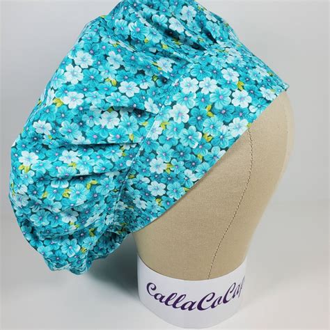 Teal Flowers Bouffant Scrub Cap With Elastic And Cord Lock Etsy