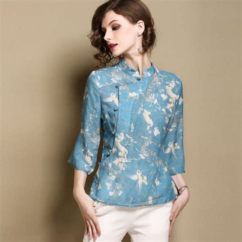 Lovely Cranes Print Ramie Qipao Cheongsam Shirt Chinese Shirts