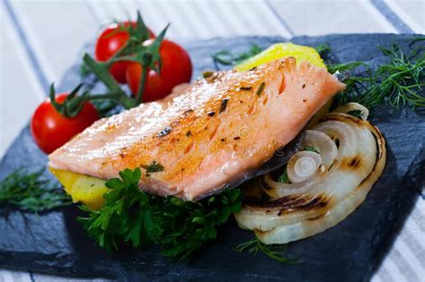 Baked Trout with Stewed Vegetables Stock Photo - Image of ...