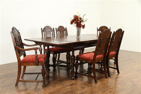 English Tudor Style Antique Oak And Walnut Dining Set Table 6 Chairs