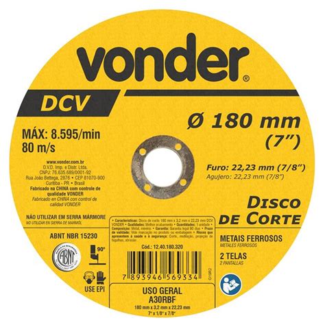 Disco de Corte 180mm para Aço e Materiais Ferrosos Vonder Eletricario